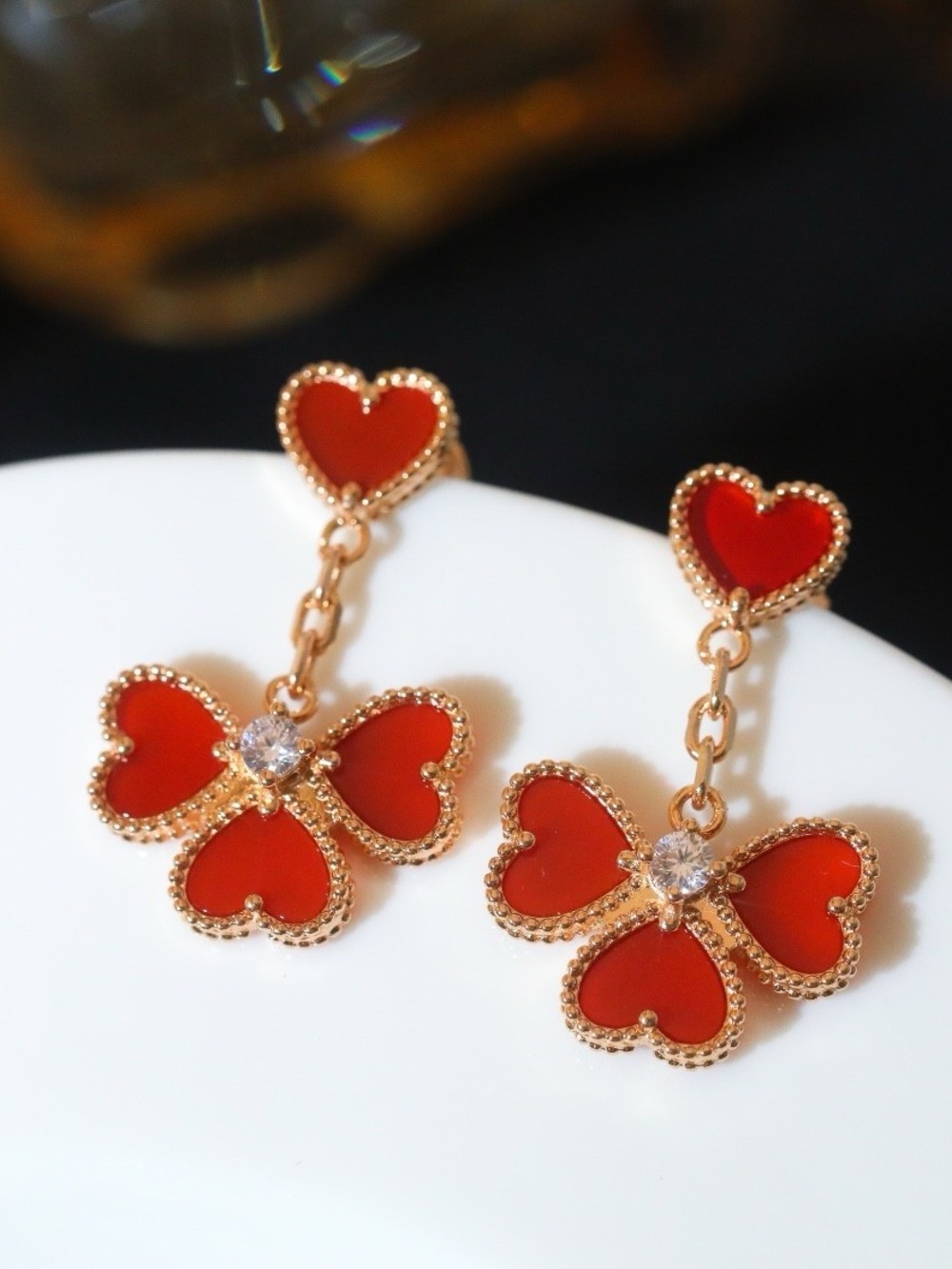 Van Cleef & Arpels Gold‑Tone Red Heart Clover Drop Earrings